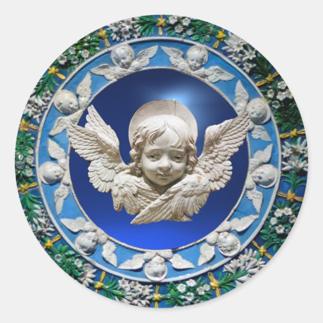 FLORENTINE RENAISSANCE ANGEL FLORAL CROWN BLUE CLASSIC ROUND STICKER (Front)