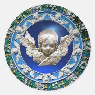 FLORENTINE RENAISSANCE ANGEL FLORAL CROWN BLUE CLASSIC ROUND STICKER