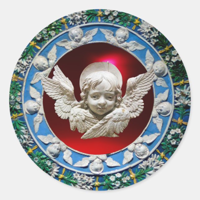 FLORENTINE RENAISSANCE ANGEL FLORAL CROWN BLUE RED CLASSIC ROUND STICKER (Front)