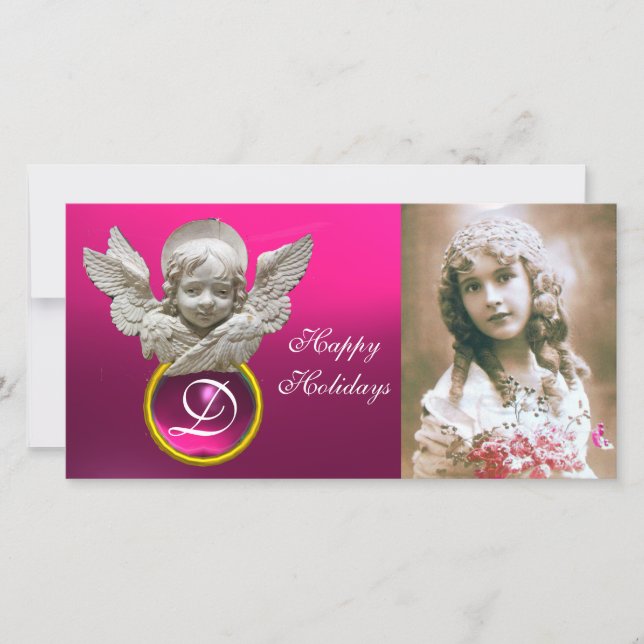 FLORENTINE RENAISSANCE ANGEL Fuchsia Gem Monogram Holiday Card (Front)