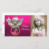 FLORENTINE RENAISSANCE ANGEL Fuchsia Gem Monogram Holiday Card (Front/Back)