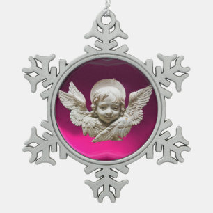 FLORENTINE RENAISSANCE ANGEL,Pink Fuchsia Amethyst Snowflake Pewter Christmas Ornament