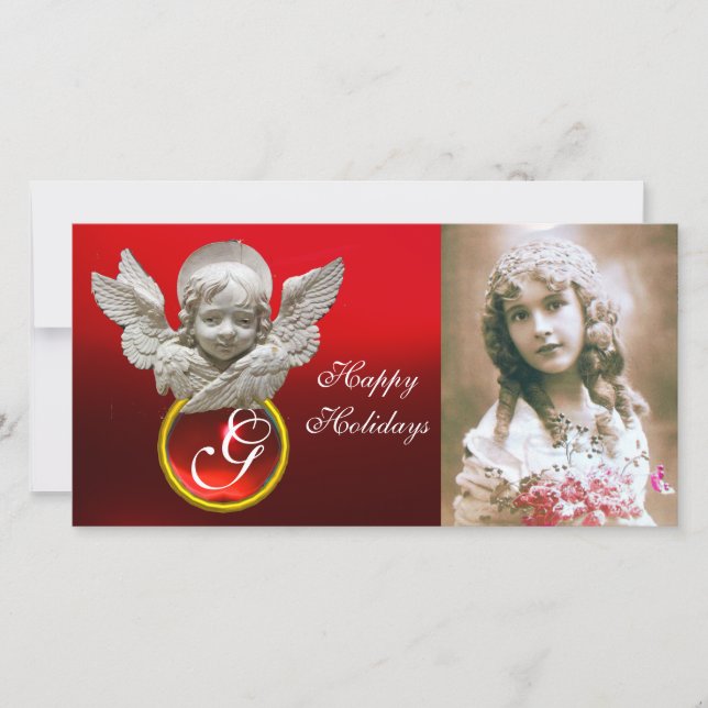 FLORENTINE RENAISSANCE ANGEL Red Ruby Gem Monogram Holiday Card (Front)