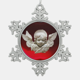 FLORENTINE RENAISSANCE ANGEL, Red Ruby Snowflake Pewter Christmas Ornament