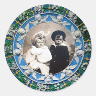 FLORENTINE RENAISSANCE ANGELS BLUE PHOTO TEMPLATE CLASSIC ROUND STICKER