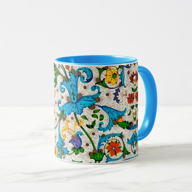 FLORENTINE RENAISSANCE BLUE FLORAL SWIRLS,FLOWERS MUG (Front Right)