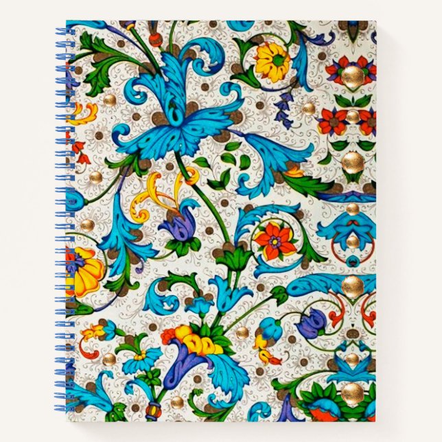FLORENTINE RENAISSANCE BLUE FLORAL SWIRLS,FLOWERS NOTEBOOK (Front)