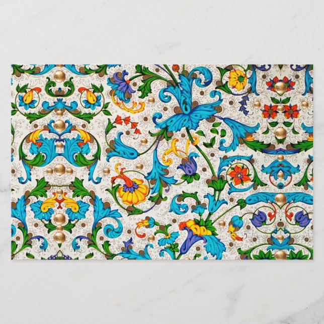 FLORENTINE RENAISSANCE BLUE FLORAL SWIRLS,FLOWERS STATIONERY (Front)