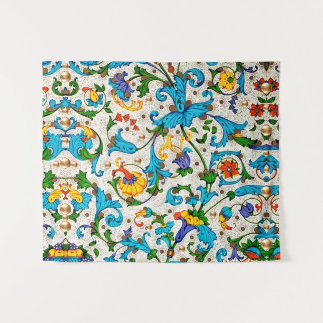 FLORENTINE RENAISSANCE BLUE FLORAL SWIRLS,FLOWERS TAPESTRY (Front (Horizontal))