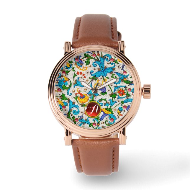 FLORENTINE RENAISSANCE BLUE FLORAL SWIRLS MONOGRAM WATCH (Front)