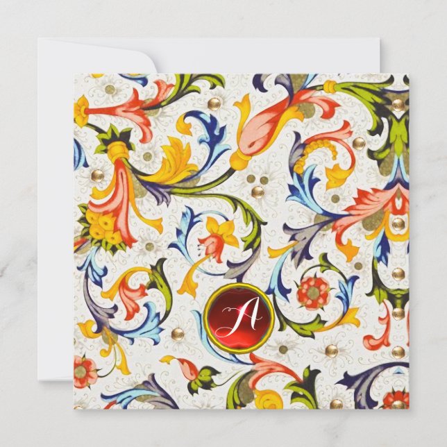FLORENTINE RENAISSANCE FLORAL SWIRLS GEM MONOGRAM HOLIDAY CARD (Front)