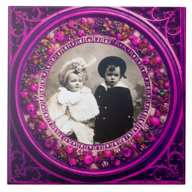 FLORENTINE RENAISSANCE FRUITS PINK FLORAL CROWN  TILE (Front)