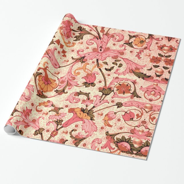 FLORENTINE RENAISSANCE PINK FLORAL SWIRLS,FLOWERS WRAPPING PAPER (Unrolled)