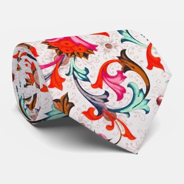 FLORENTINE RENAISSANCE RED FLORAL SWIRLS,FLOWERS  TIE (Rolled)