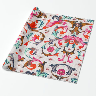 FLORENTINE RENAISSANCE RED FLORAL SWIRLS,FLOWERS WRAPPING PAPER