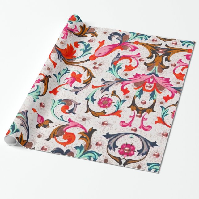 FLORENTINE RENAISSANCE RED FLORAL SWIRLS,FLOWERS WRAPPING PAPER (Unrolled)