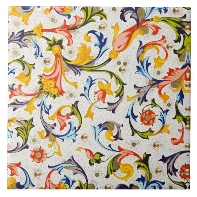 FLORENTINE RENAISSANCE YELLOW FLORAL SWIRL,FLOWERS TILE (Front)