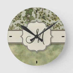 Florentine Watercolor Ivy with Monogram Round Clock