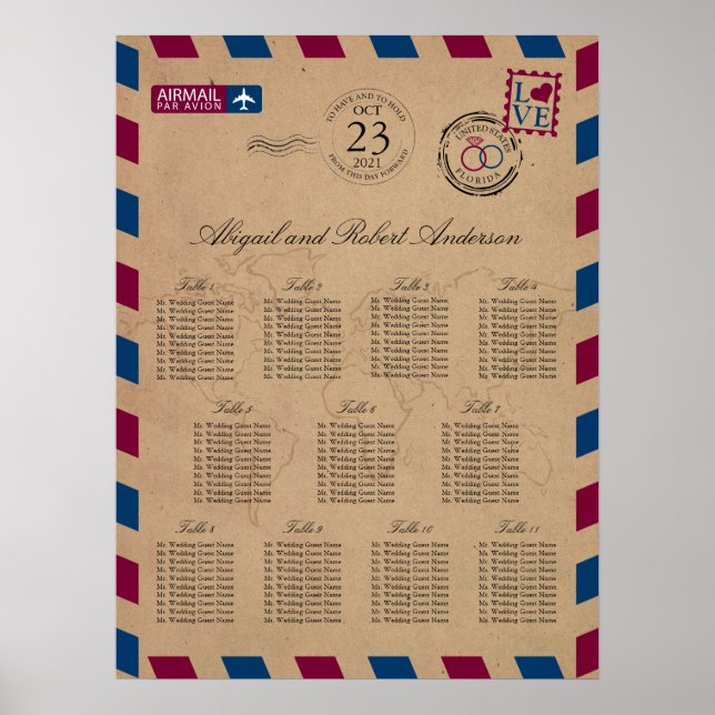 Florida Airmail Wedding Guest Seating Chart (Front)