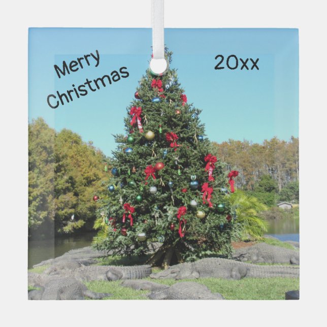 Florida Alligator Christmas Glass Ornament (Front)