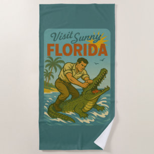 Florida Alligator Wrestling Funny Retro Beach Beach Towel