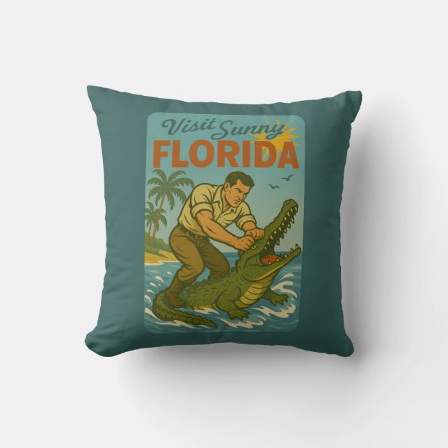 Florida Alligator Wrestling | Funny Retro Coastal Cushion (Front)