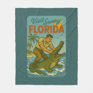 Florida Alligator Wrestling   Funny Retro Coastal Fleece Blanket