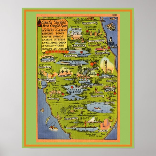 Florida Attractions Colourful Map Poster (Front)