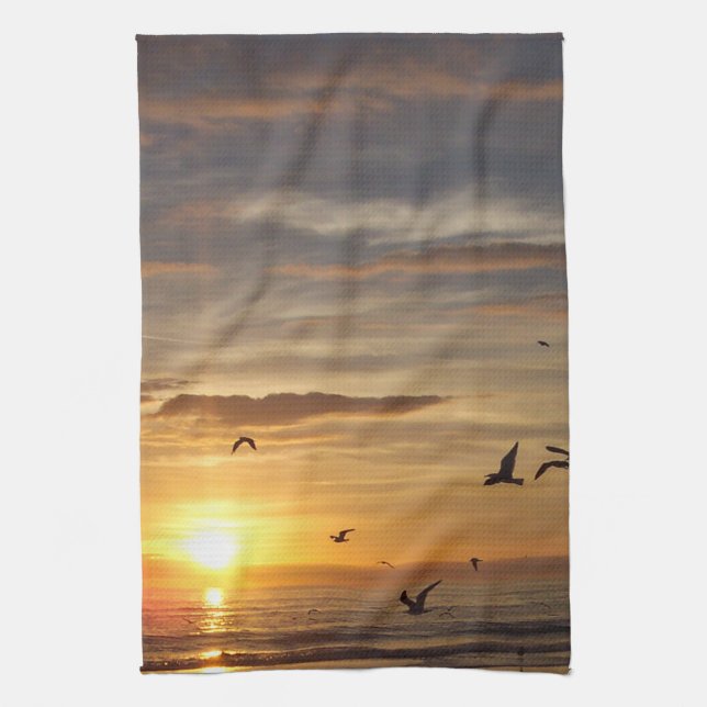 Florida Beach Sunset with Birds Tea Towel (Vertical)
