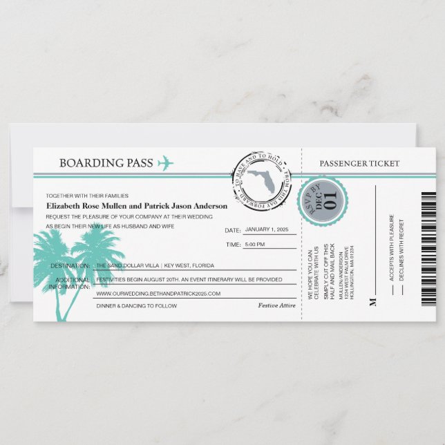 Florida Boarding Pass Wedding  Invitation (Front)