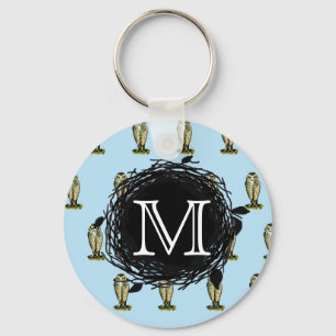 Florida Burrowing Owl Blue Monogram Nest Pattern Key Ring