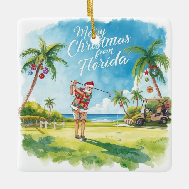 Florida Christmas  Santa golfing  Ceramic Ornament (Front)