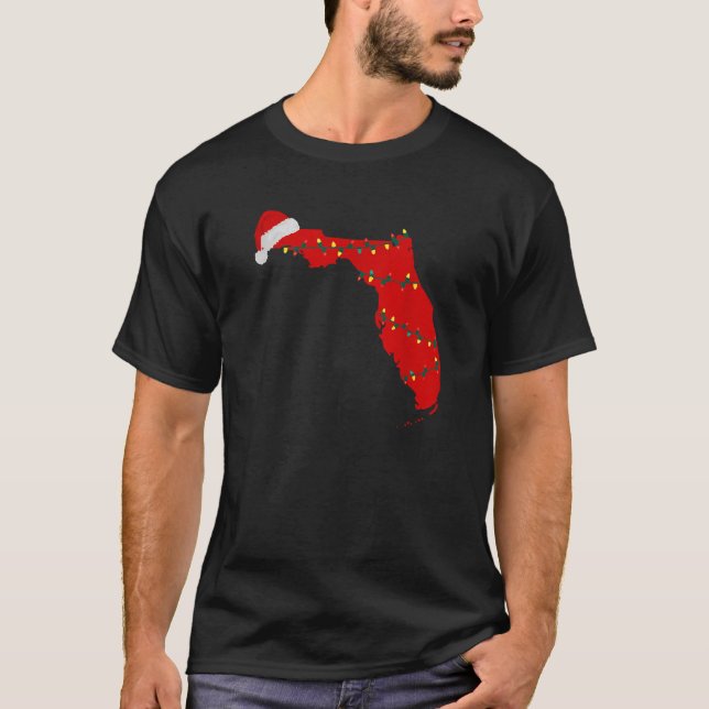 Florida Christmas State Map Lights Santa Hat Tropi T-Shirt (Front)