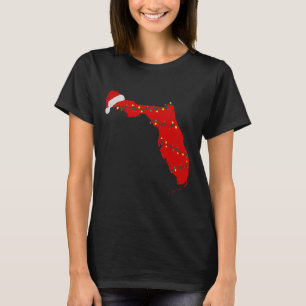 Florida Christmas State Map Lights Santa Hat Tropi T-Shirt