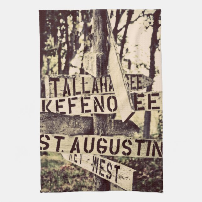 Florida cities directional post tea towel (Vertical)