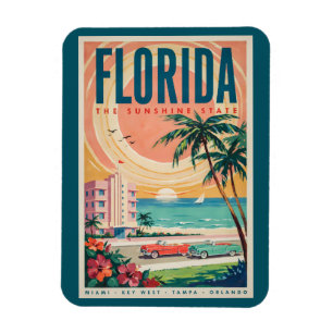 Florida Coast Cars Illustration Travel Art Vintage Magnet