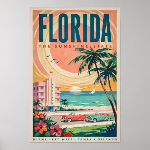 Florida Coast Cars Illustration Travel Art Vintage Poster