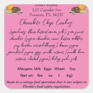 FLORIDA Cottage Food Law Sticker/Label Home baker  Square Sticker
