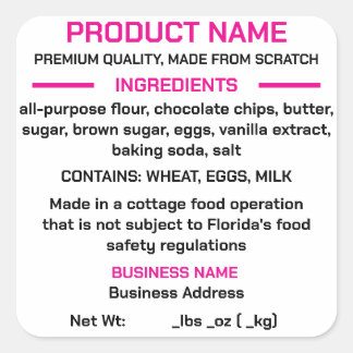 FLORIDA Cottage Food Law Sticker/Label Square Square Sticker