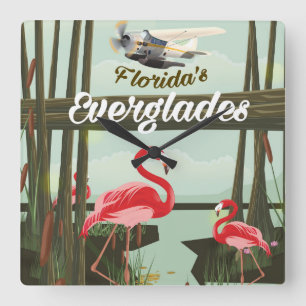Florida Everglades cartoon travel poster Square Wall Clock