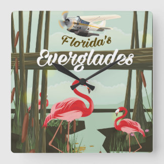 Florida Everglades cartoon travel poster Square Wall Clock