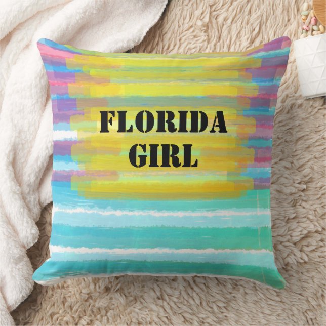 Florida Girl Name Turquoise Pink Watercolor Sunset Cushion (Blanket)