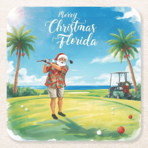 Florida Golf Merry Christmas with Santa Claus Square Paper Coaster