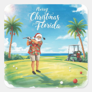 Florida Golf Merry Christmas with Santa Claus Square Sticker