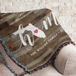 Florida Home State Personalised Wood Look Throw Blanket<br><div class="desc">Show some home state pride with this cute rustic faux wood plank throw blanket featuring "home" in white calligraphy script lettering with a silhouette map of the state of Florida standing in for the letter "O." A pink heart illustration inside the state map completes the design; you can change the...</div>