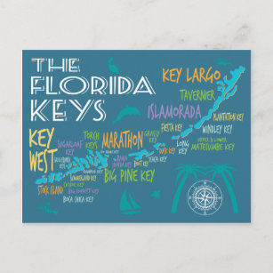 Florida Keys Map with colourful island names Postcard