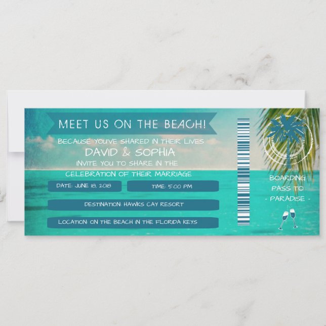 Florida Keys On the Beach Wedding Boarding Pass Invitation (Front)