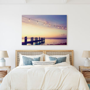 Florida Keys Sunset Dock String Lights Scene Canvas Print