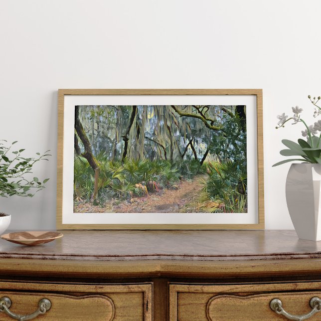 Florida Lace Spanish Moss Impressionist Art Poster (Small poster of Florida Lace framed for display on console)