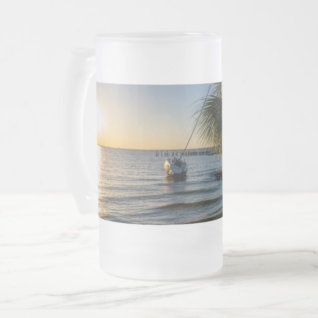 Florida Leaning Palm Tree Sunset Frosted Beer Mug (Front Left)
